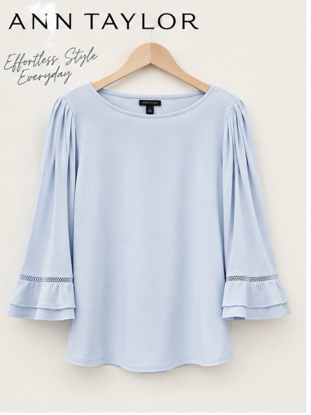 Ann Taylor Pale Blue Long-Sleeve Pleated Sleeve Top